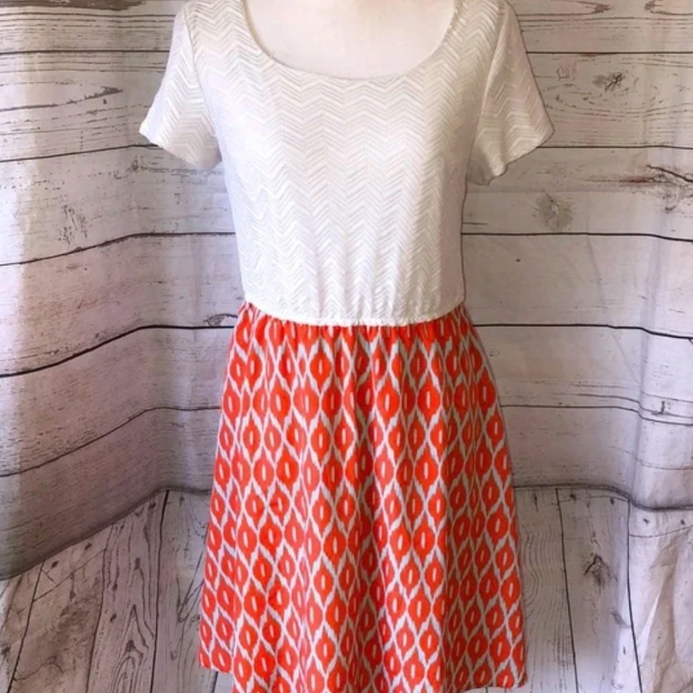 Pomelo white, orange & teal multi-media geometric pattern midi dress